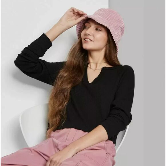 Chic Women's Long Sleeve V-Neck Waffle Boxy T-Shirt by Wild Fable - Black, XXL - Picture 1 of 4